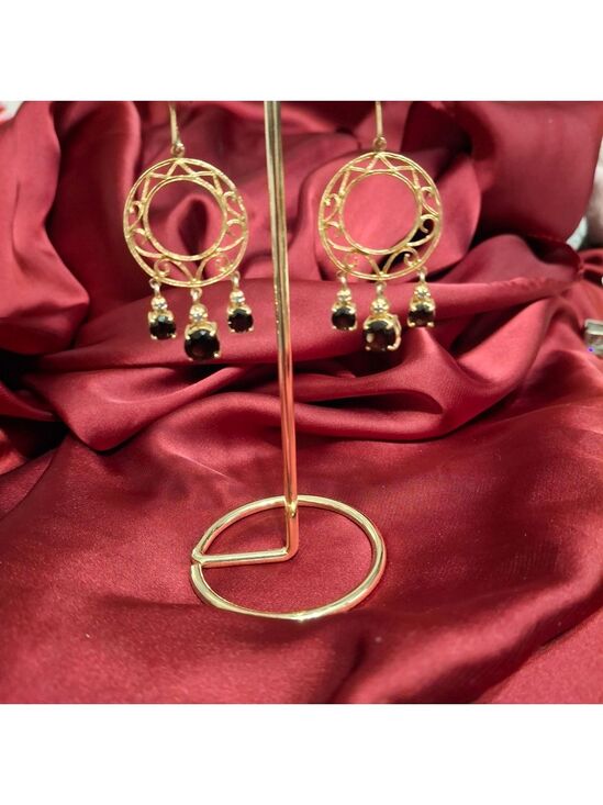 None Jewelry - Gold Over Sterling Silver 925 and Black Amethyst and Diamond Dangle Earrings